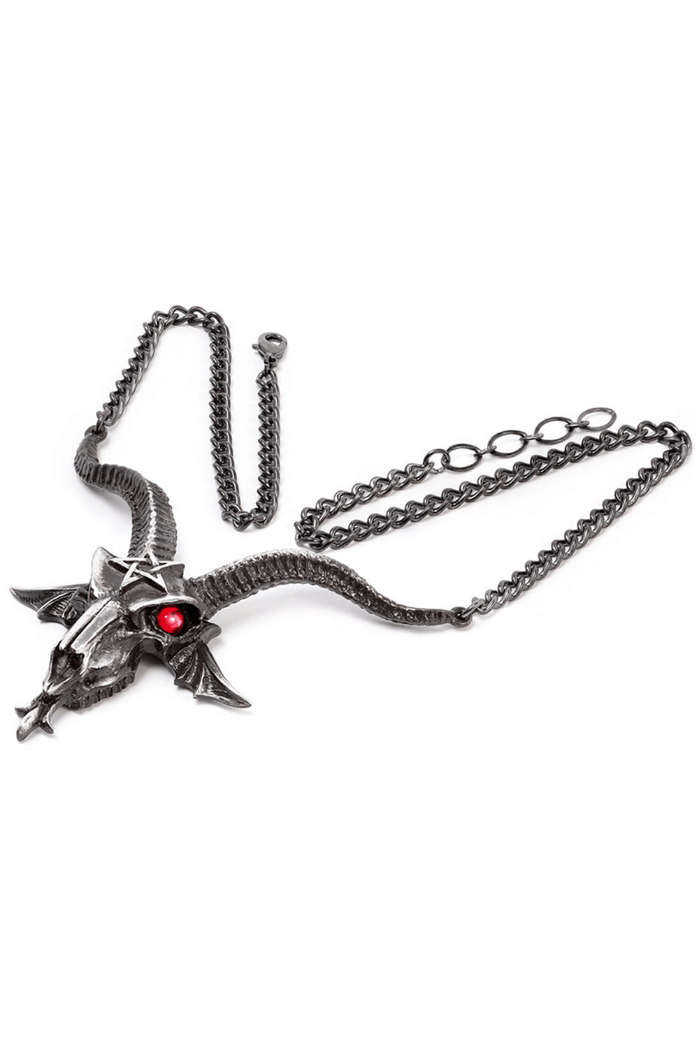 Baphomet skull necklace with red crystal eyes and horns, handmade pewter statement piece.