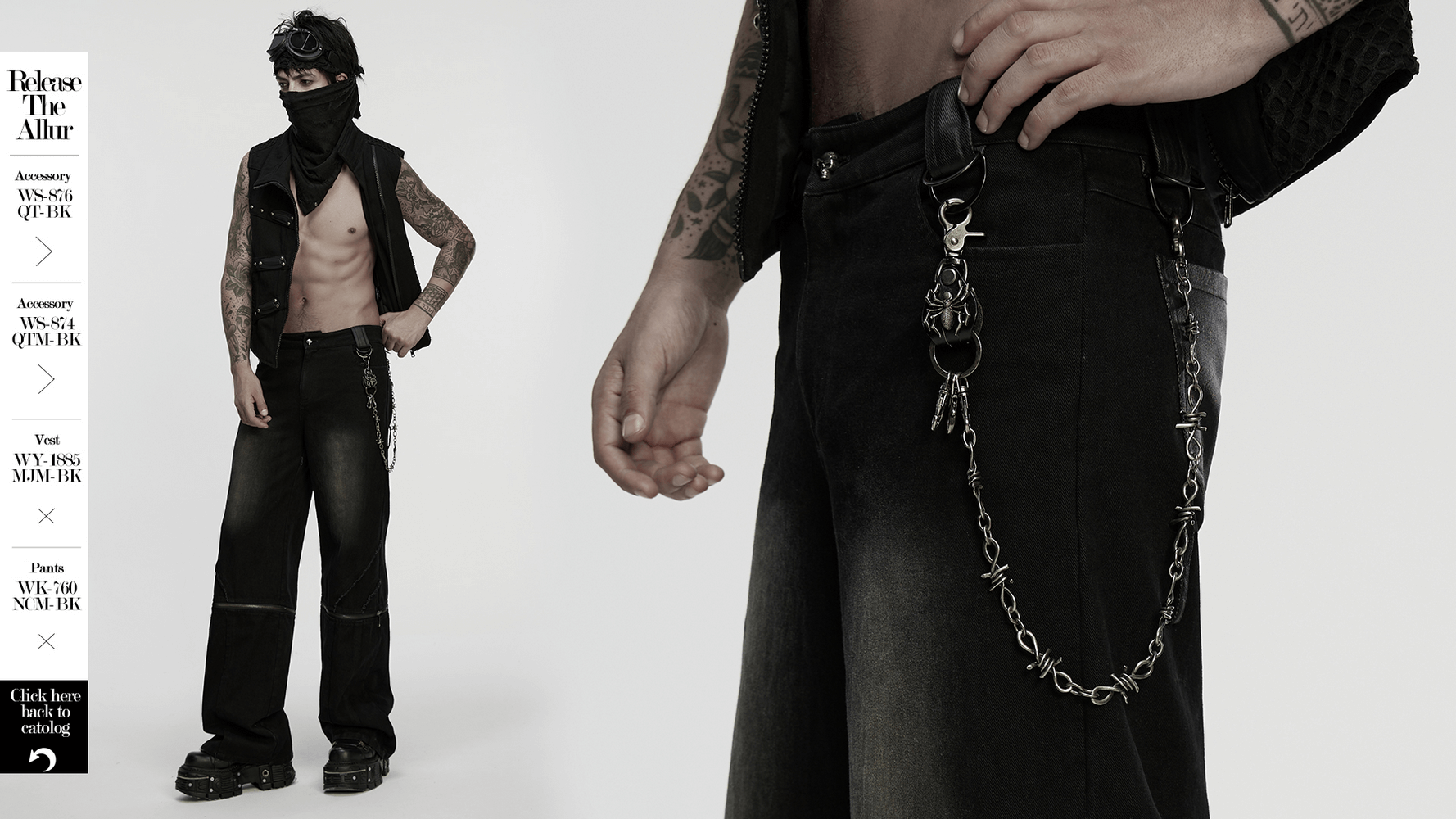 Punk fashion model showcasing a barbed wire chain keychain with gothic style attire and edgy accessories.