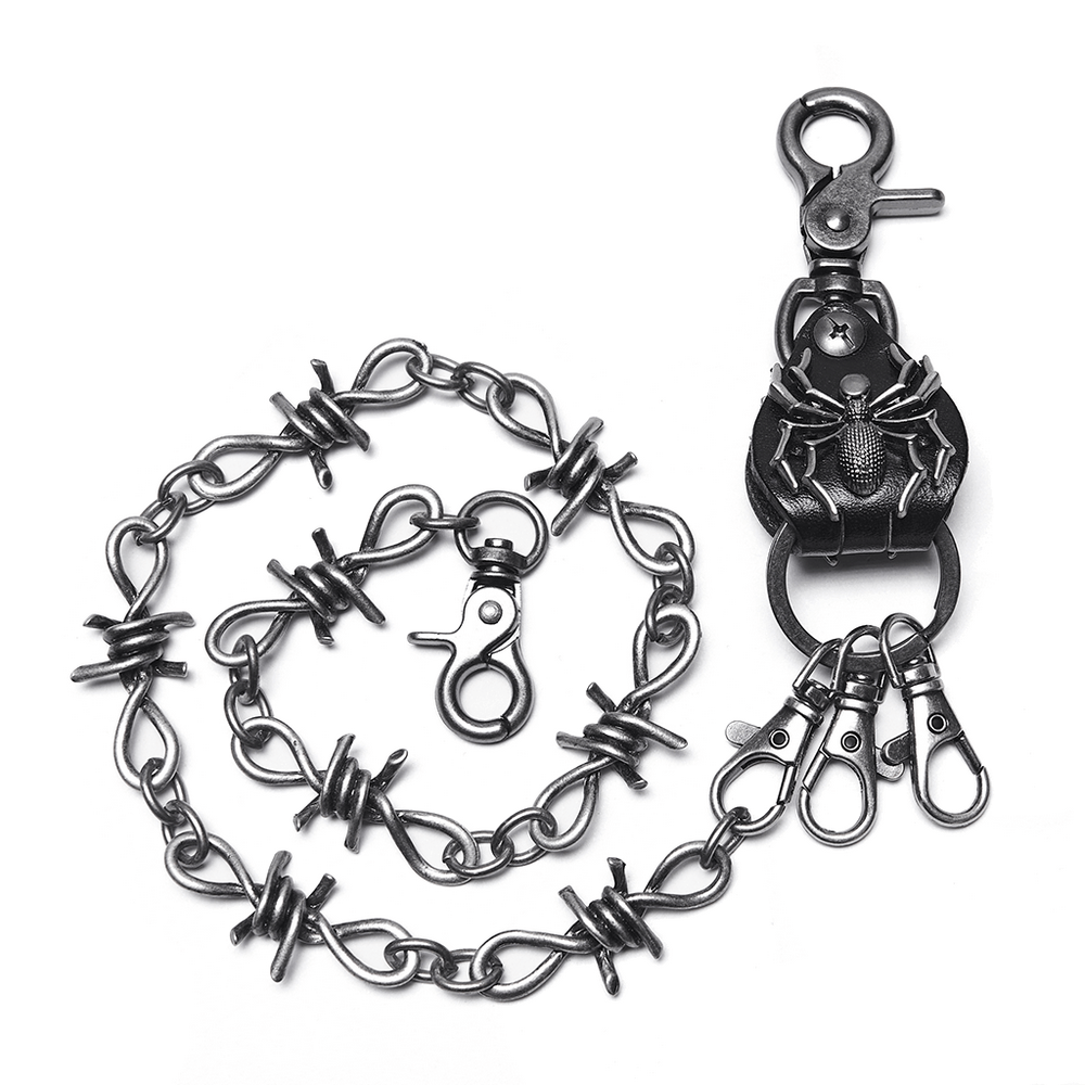 Punk spider keychain with barbed wire chain and lobster clasps, showcasing a bold gothic style.