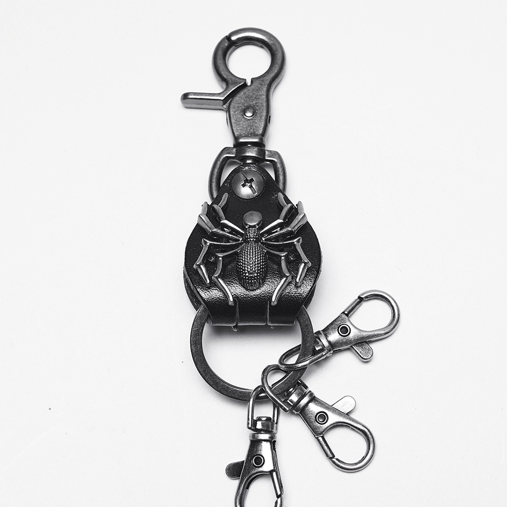 Punk spider keychain clip with retro barbed wire chain, featuring secure lobster clasps and gothic design.