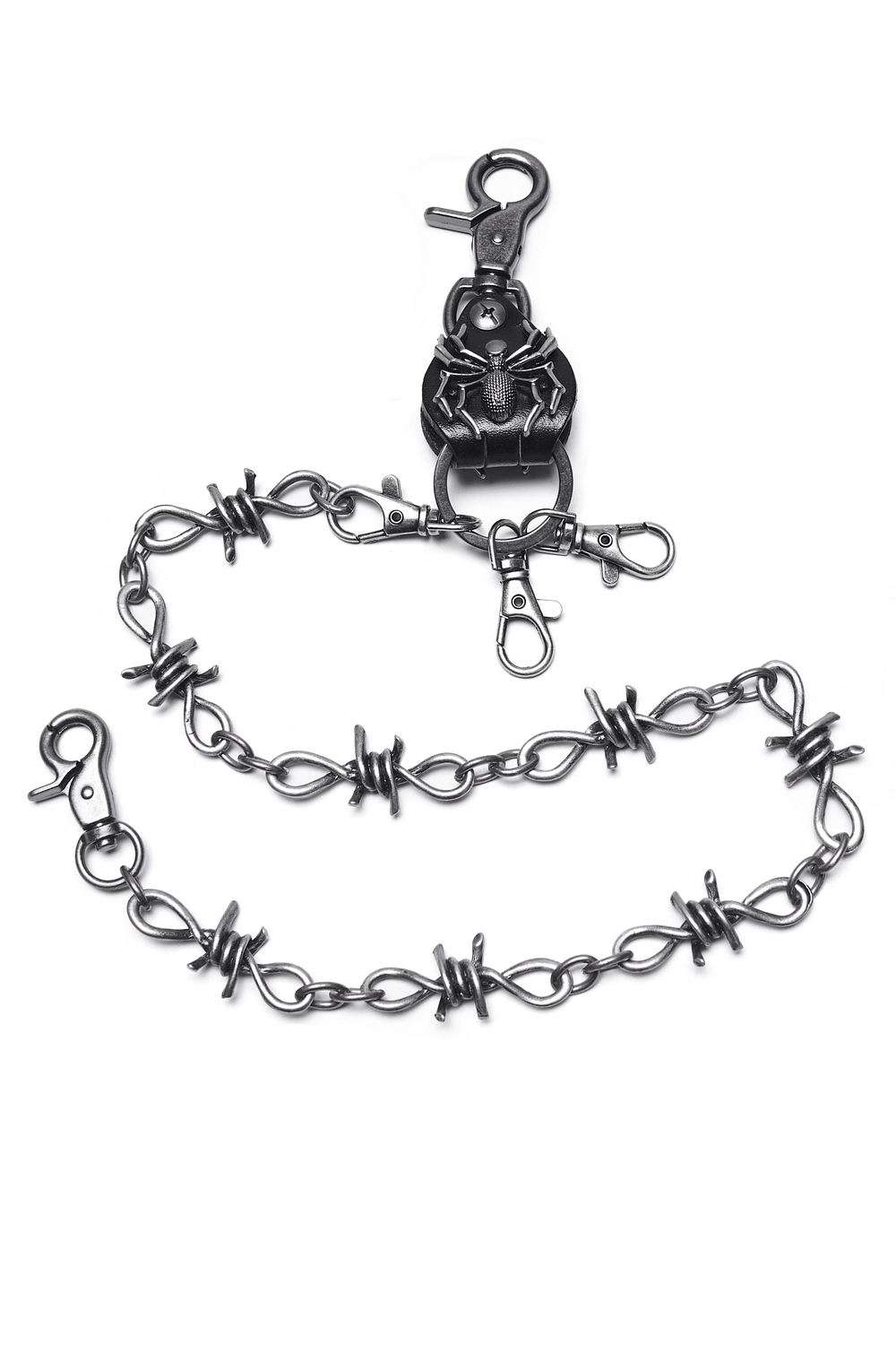 Punk spider keychain with retro barbed wire chain and secure lobster clasps for stylish attachment.