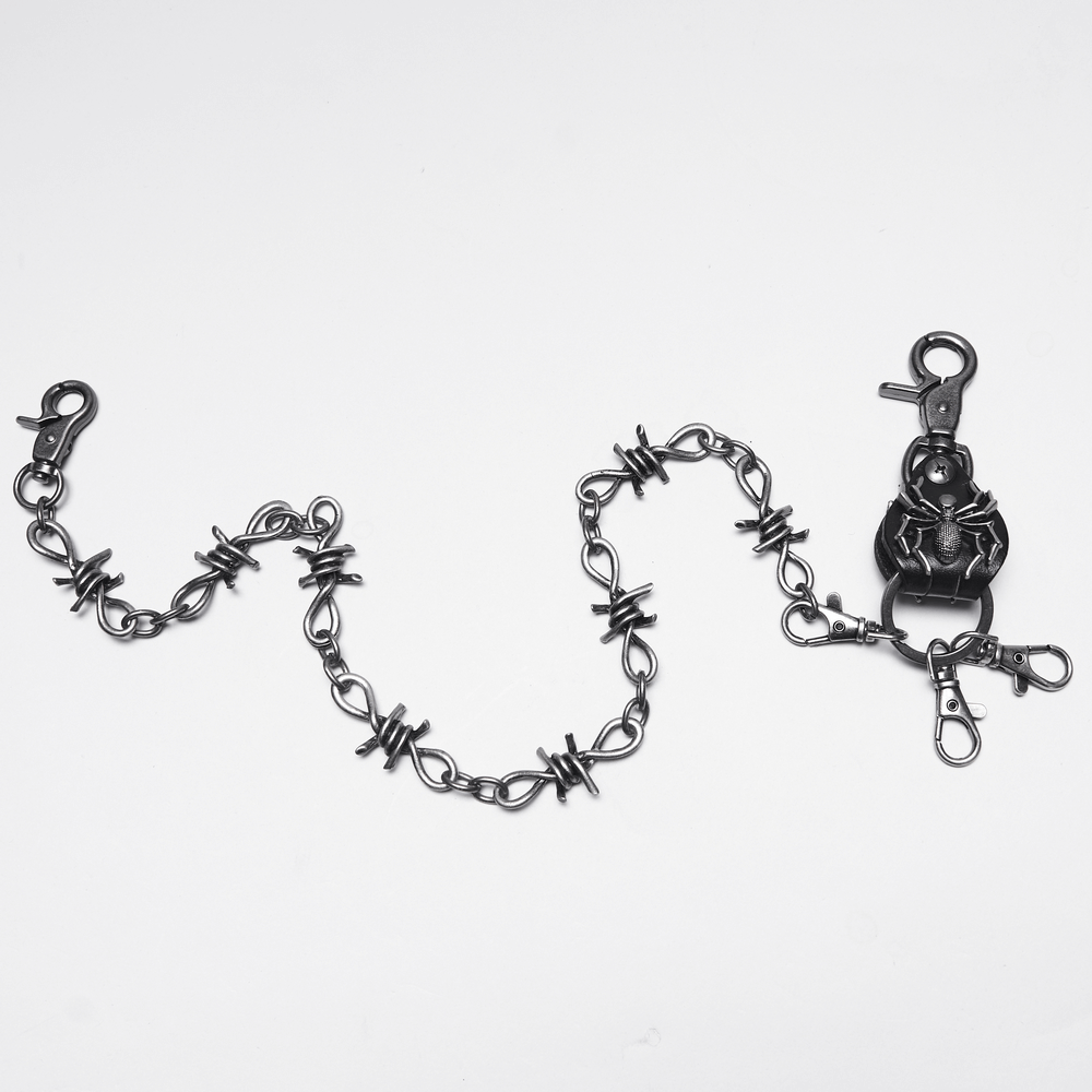 Punk spider keychain with retro barbed wire chain and lobster clasps, bold gothic style accessory.