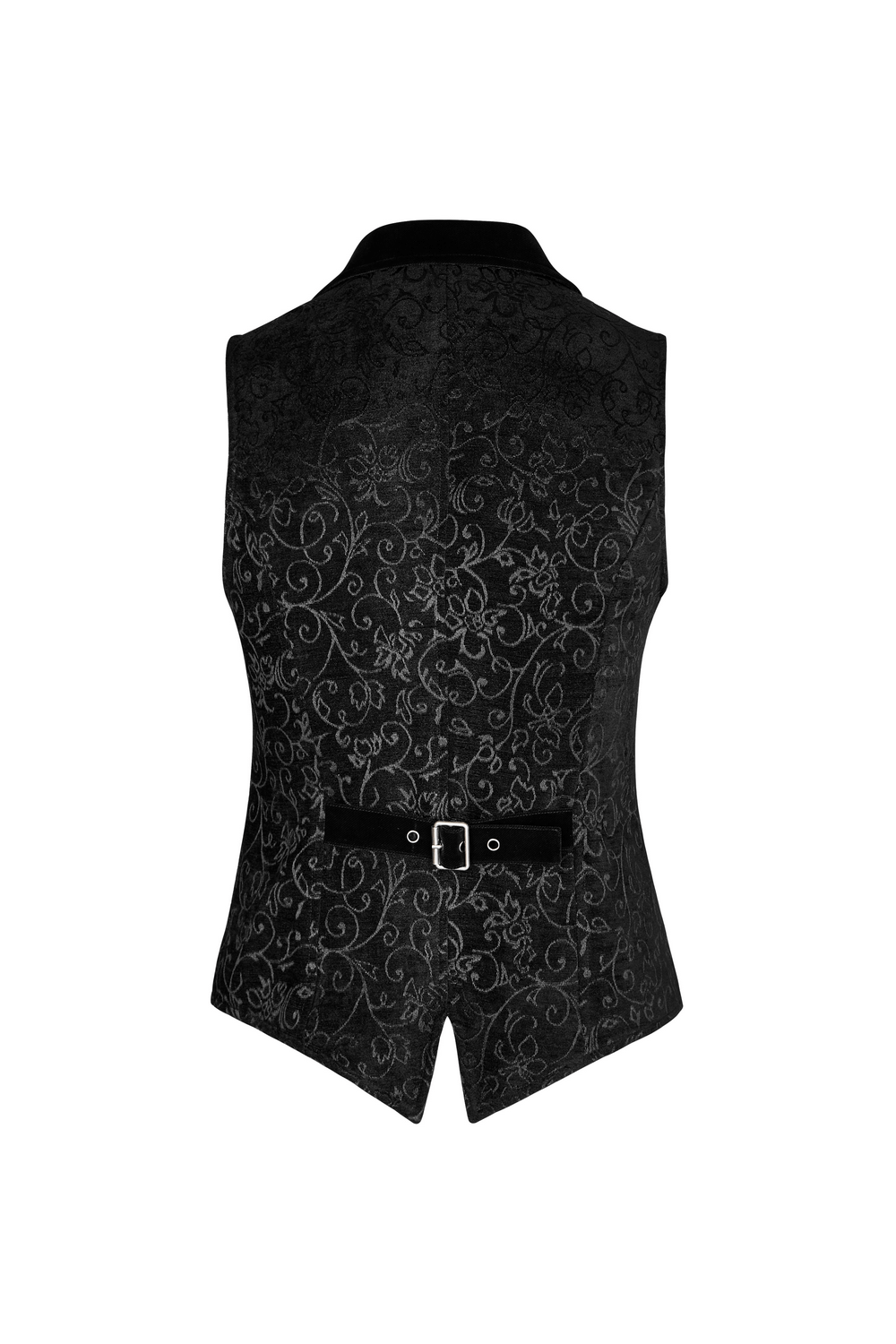 Back view of a Baroque Black Jacquard Steampunk Tailored Waistcoat with elegant pattern and belt buckle detail.
