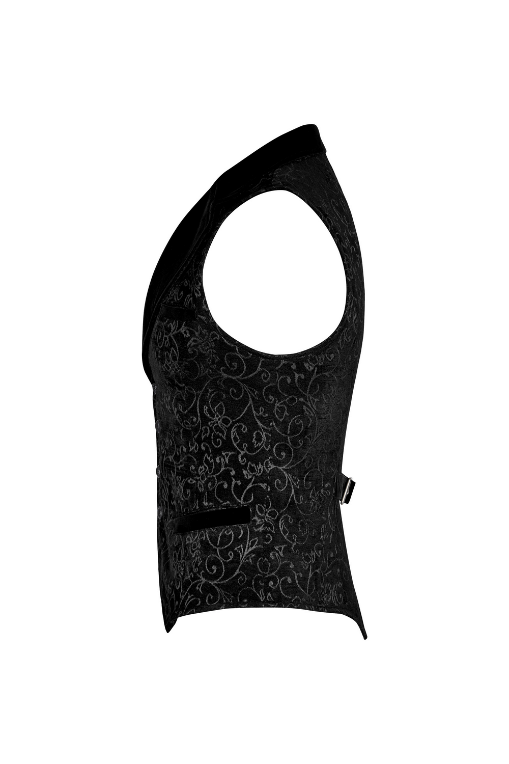 Baroque black jacquard steampunk tailored waistcoat showcasing vintage details and slim-fit design.