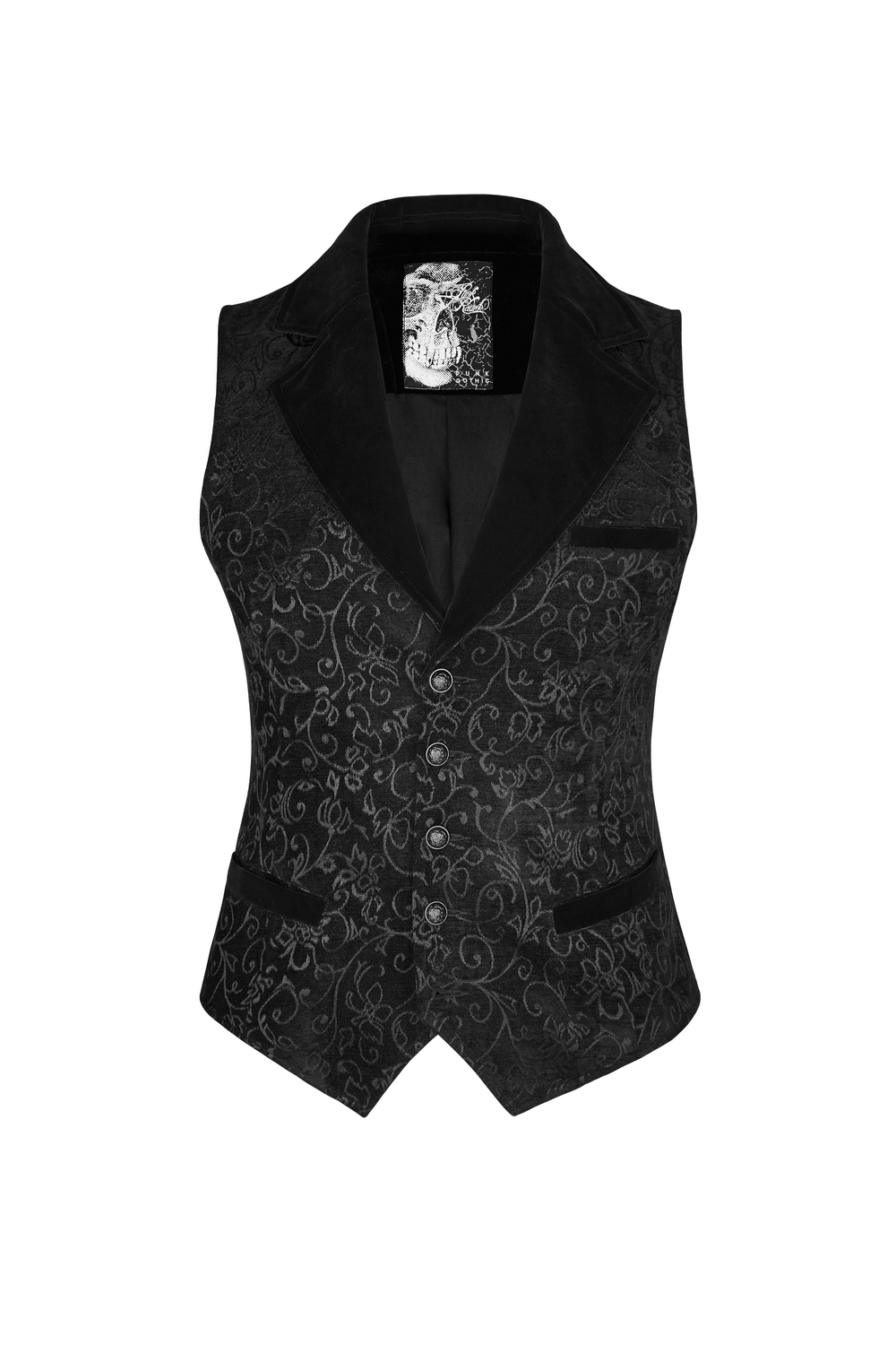 Baroque Black Jacquard Steampunk Tailored Waistcoat with sleek vintage design and front pocket.