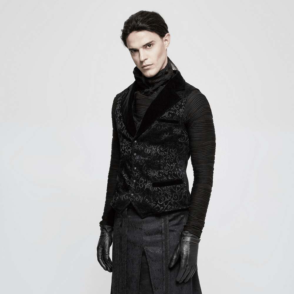 Model wearing a Baroque black jacquard steampunk tailored waistcoat with gloves and a sleek modern design.