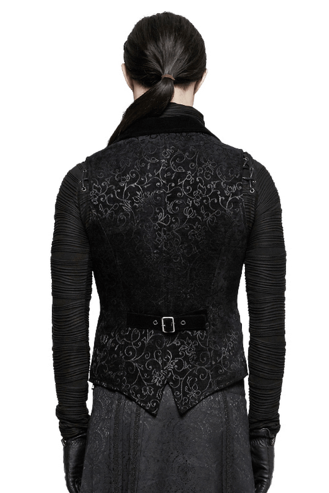 Back view of a baroque black jacquard steampunk tailored waistcoat, showcasing intricate patterns and a slim fit.