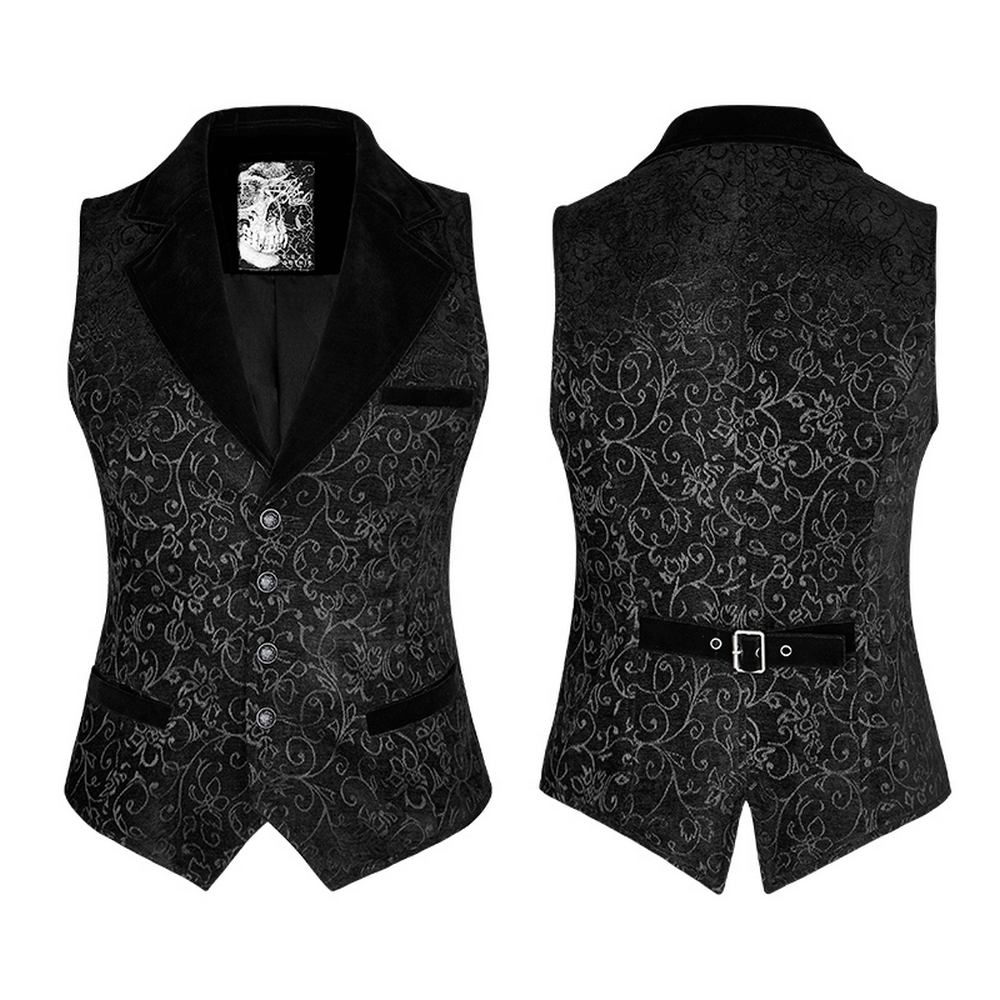 Baroque black jacquard steampunk tailored waistcoat with elegant floral design and a sleek silhouette.