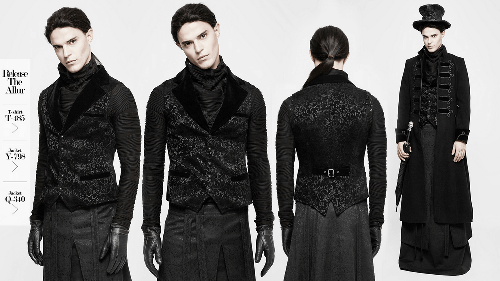 Baroque black jacquard steampunk tailored waistcoat featured with elegant model in stylish poses.