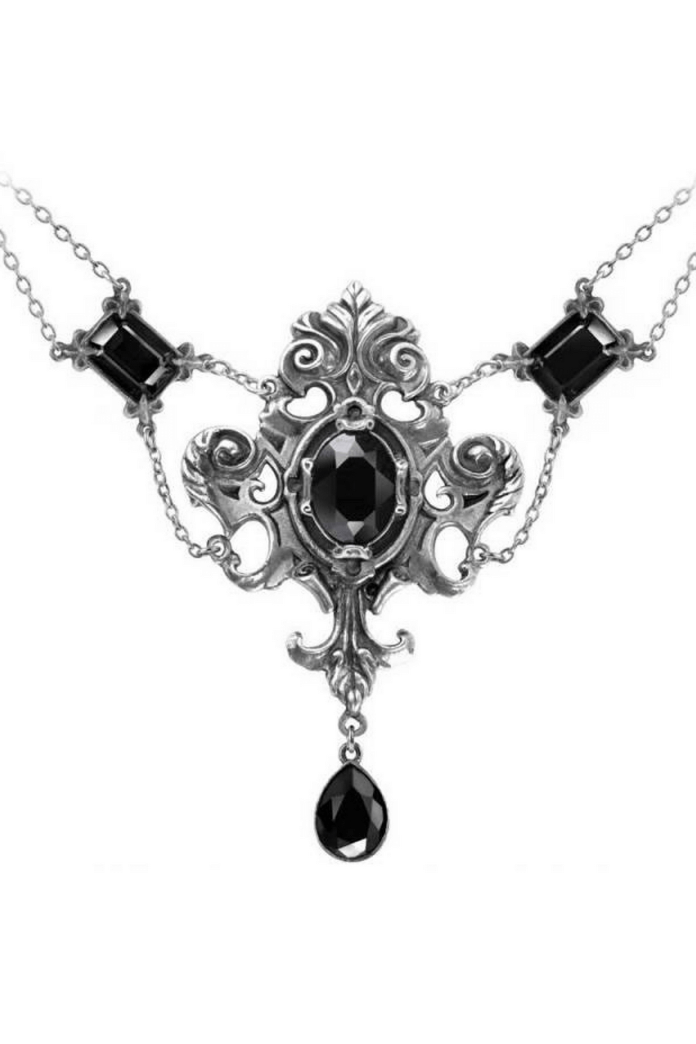 Baroque crystal black pendant necklace featuring a stunning crystal dropper and pewter craftsmanship.