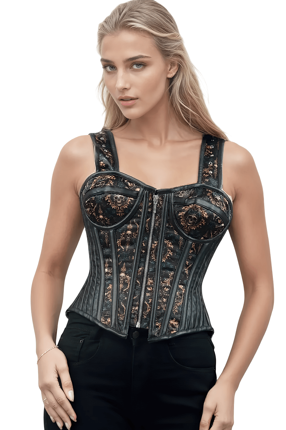 Baroque Ember Skull Overbust Corset with Straps worn by a model showcasing intricate gold details and gothic style.