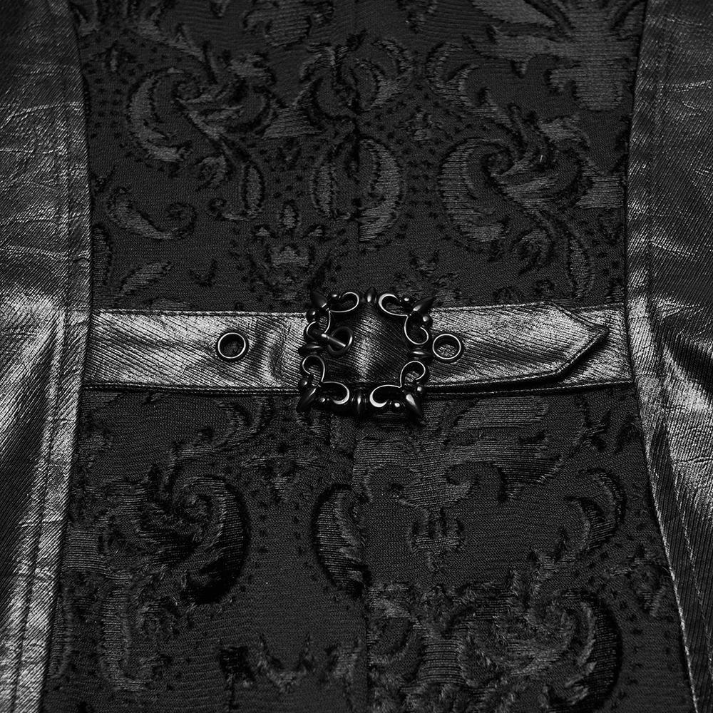 Baroque Embroidered Men's Vest with Gothic Detailing showcasing ornate black fabric and stylish clasp detail.
