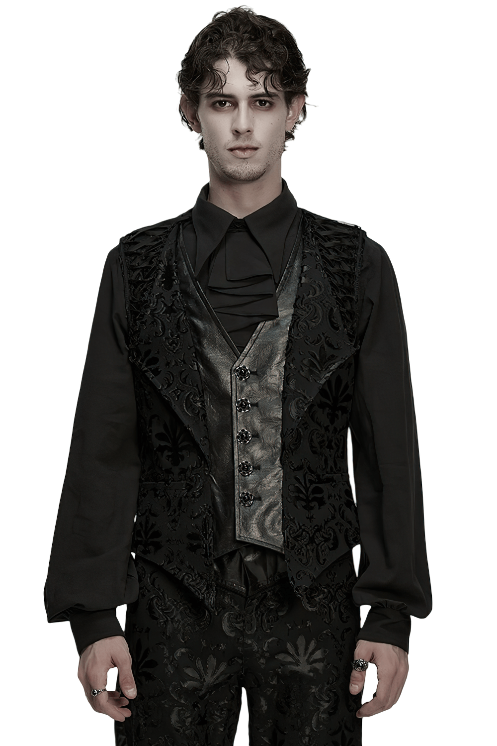 Baroque Embroidered Men's Vest with Gothic Detailing worn by a model, featuring elegant gothic patterns.