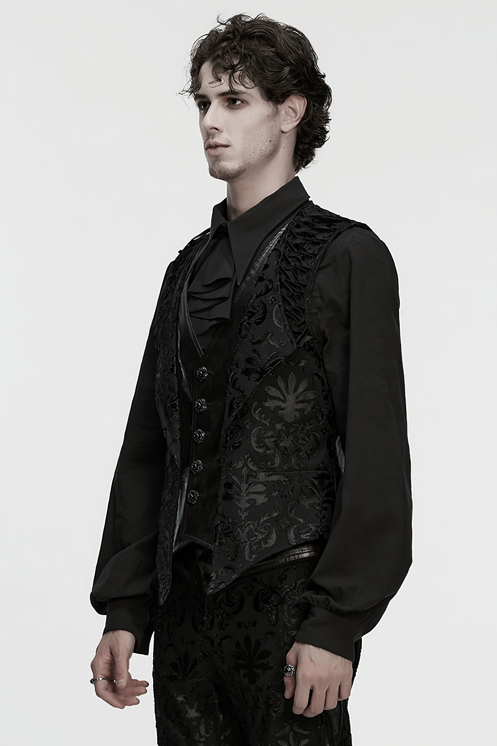 Baroque Embroidered Men's Vest with Gothic Detailing showcased on a model in a dark outfit, emphasizing gothic elegance.
