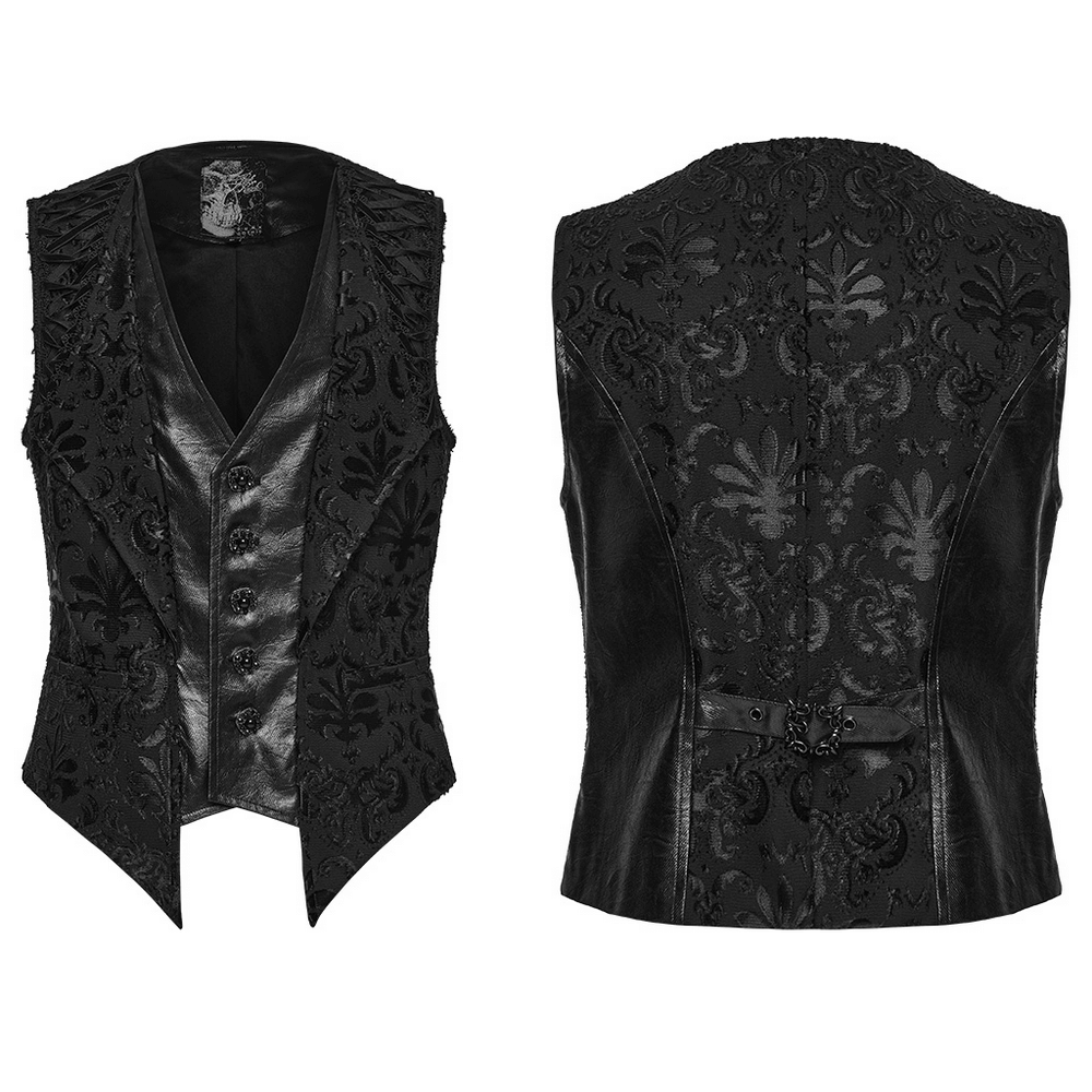 Baroque Embroidered Men's Vest with Gothic Detailing in black fabric featuring ornate patterns and sharp silhouette.