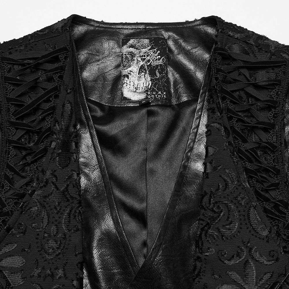 Baroque Embroidered Men's Vest with Gothic Detailing showcasing intricate skull label and ornate black fabric.