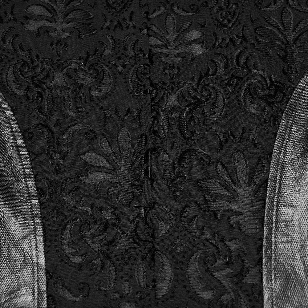 Baroque Embroidered Men's Vest with Gothic Detailing close-up showing ornate black embroidery and elegant texture.