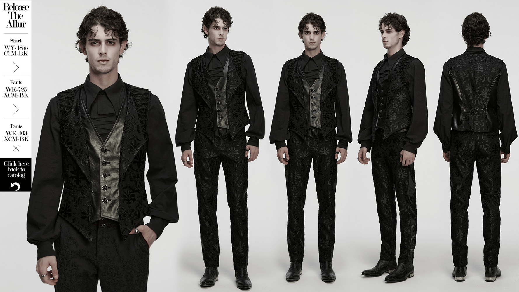 Baroque Embroidered Men's Vest with Gothic Detailing displayed from multiple angles, showcasing its ornate texture and dark elegance.