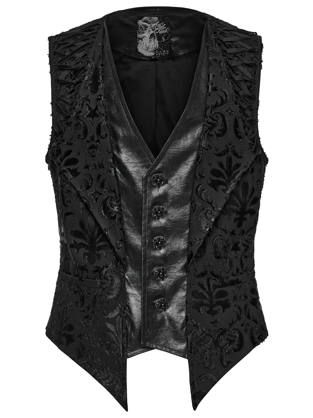 Baroque Embroidered Men's Vest with Gothic Detailing showcasing embroidered woven fabric and ornate patterns for a dark style.