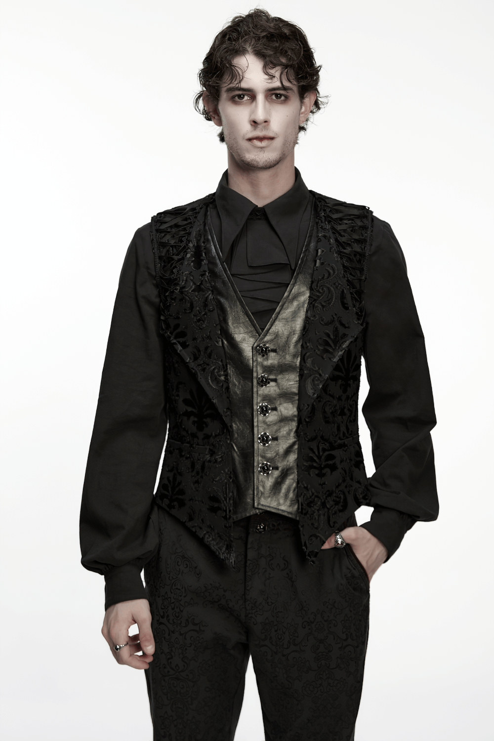 Baroque Embroidered Men's Vest with Gothic Detailing displayed on model, showcasing elegant dark style and ornate texture.
