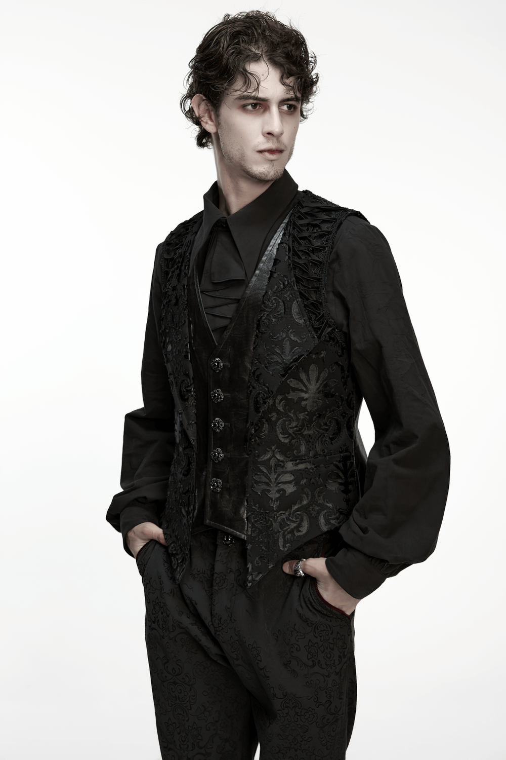 Baroque Embroidered Men's Vest with Gothic Detailing worn by male model showcasing elegant dark style.