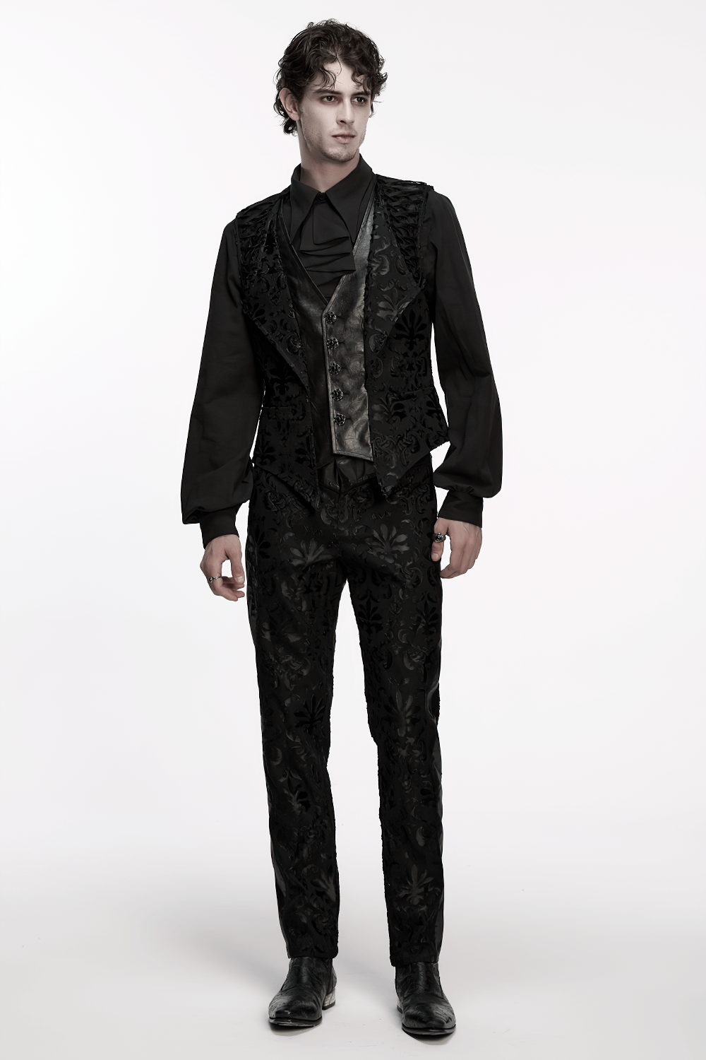 Baroque Embroidered Men's Vest with Gothic Detailing worn by a model in a stylish dark outfit.