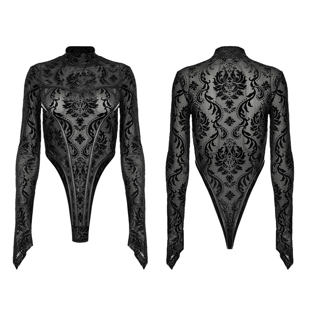 Baroque flocked gauze bodysuit with gothic sleeves, featuring ornate patterns and a dramatic silhouette.