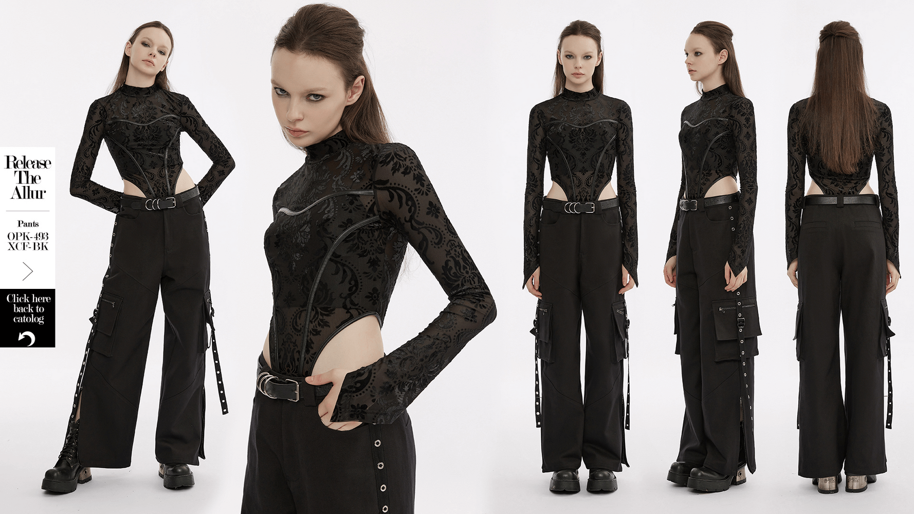 Baroque Flocked Gauze Bodysuit with Gothic Sleeves, highlighting slender silhouette and dramatic pointed sleeves.