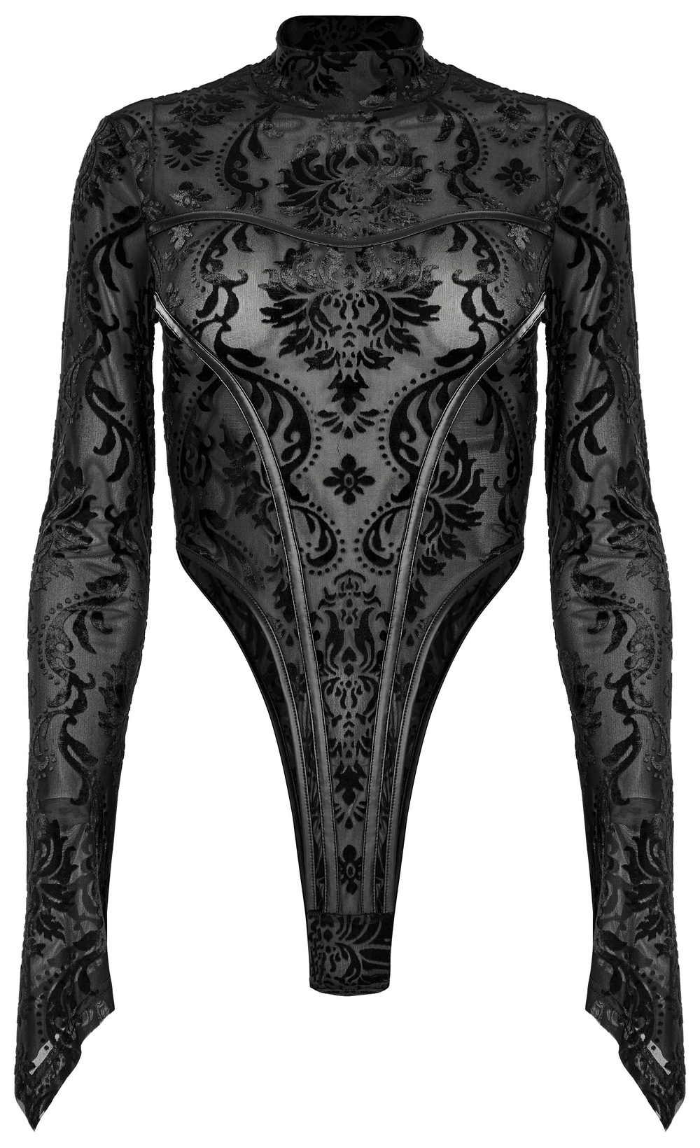 Baroque flocked gauze bodysuit with gothic sleeves, featuring ornate patterns and a dramatic silhouette.