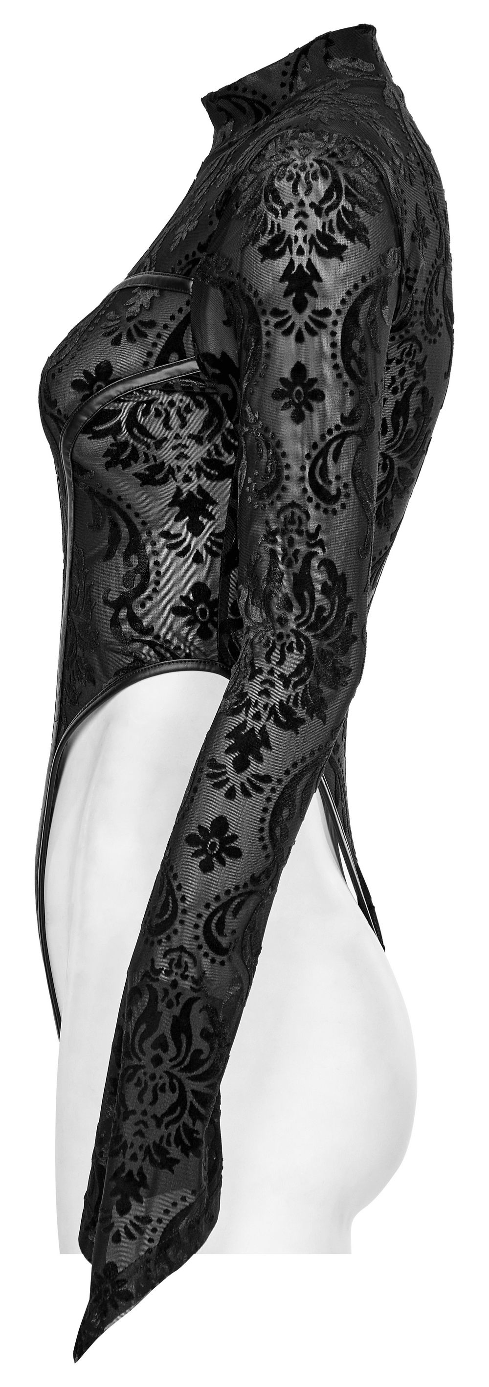 Baroque flocked gauze bodysuit in black, featuring gothic pointed sleeves and ornate design, perfect for dark romance.