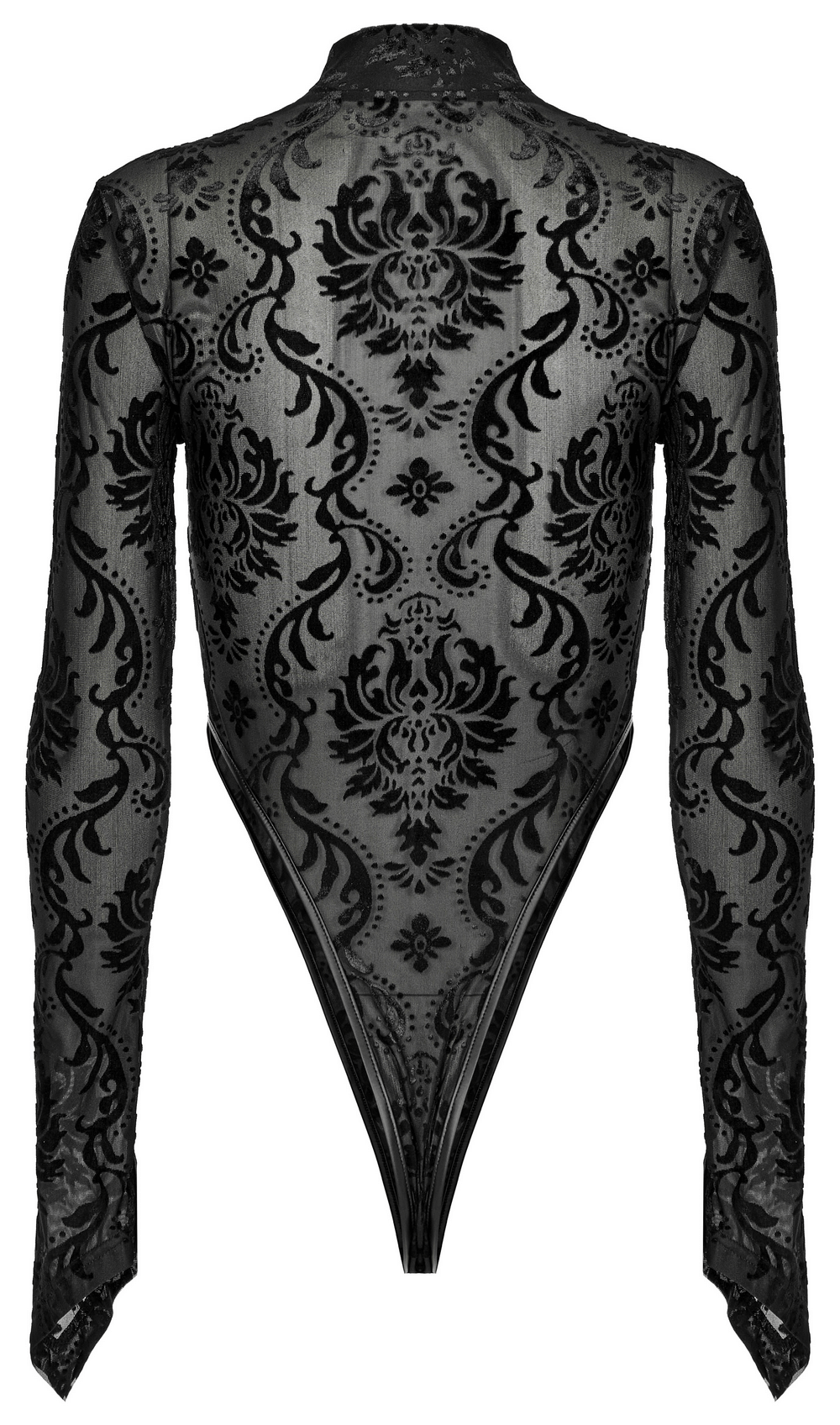 Elegant back view of Baroque Flocked Gauze Bodysuit with Gothic Sleeves in black floral design.