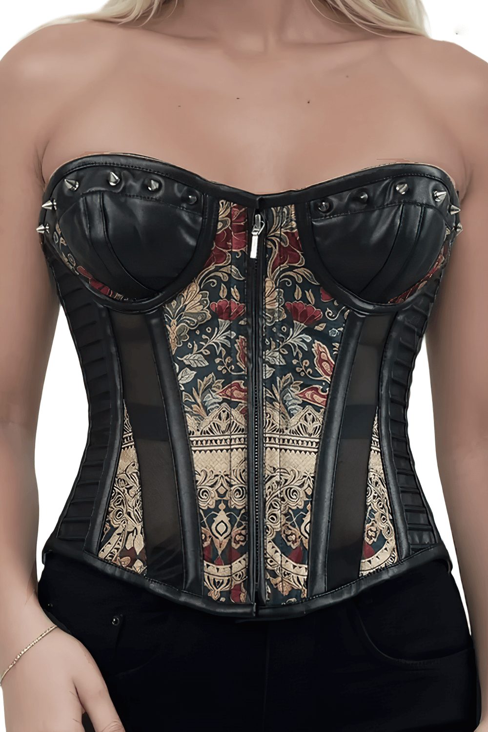 Baroque Floral Overbust Corset with Faux Leather featuring red and gold floral design and steel boning for support.