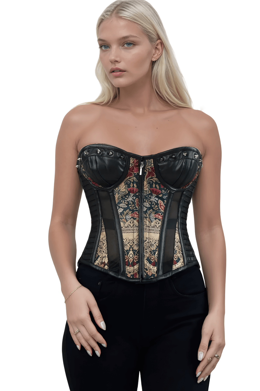 Baroque Floral Overbust Corset with Faux Leather showcasing intricate floral patterns and steel boning for a gothic silhouette.