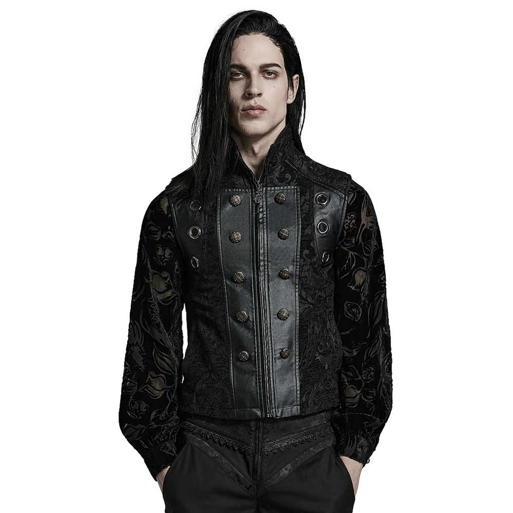 Goth Baroque waistcoat with faux leather accents and ornate detailing, exuding dark elegance.