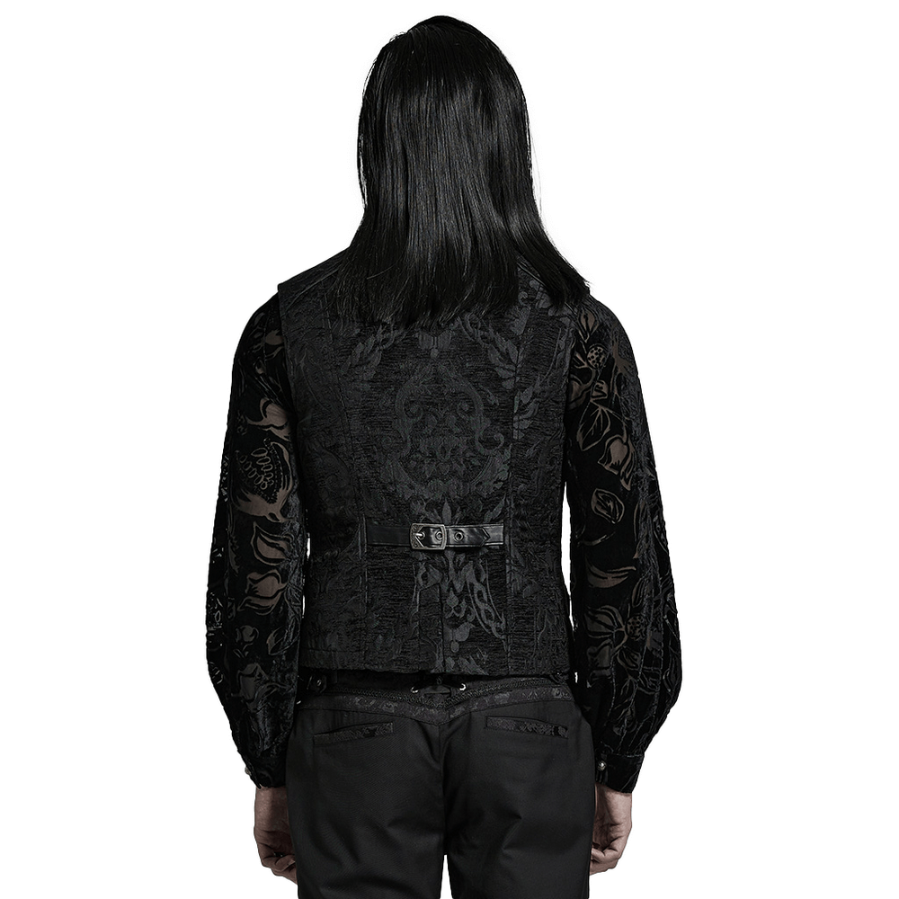 Back view of a Baroque Gothic waistcoat with faux leather detailing and ornate fabric accents.