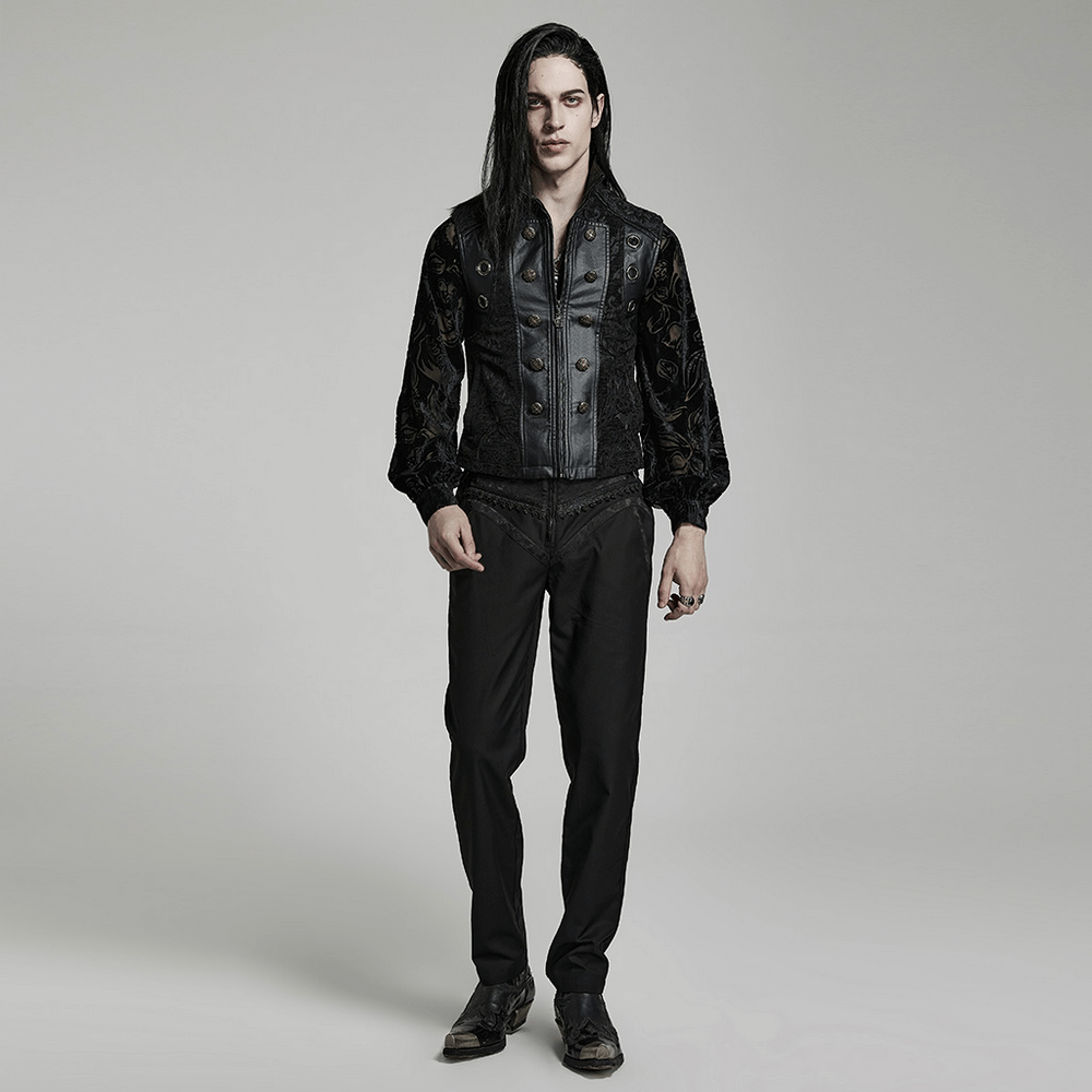 Gothic ornate waistcoat with faux leather detailing, creating a dark, elegant look for men.
