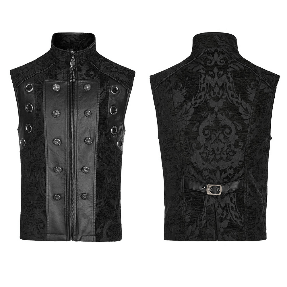 Baroque Gothic waistcoat featuring faux leather detailing and ornate jacquard, showcasing dark elegance and a masculine silhouette.