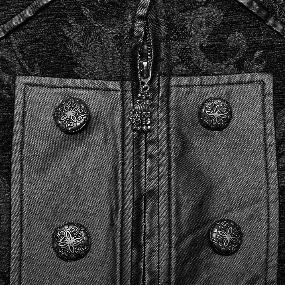 Close-up of a Baroque Gothic waistcoat with faux leather detailing and ornate buttons.