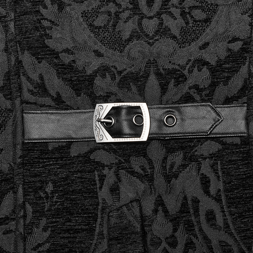 Close-up of Baroque Gothic waistcoat with faux leather detailing and ornate buckle accents.