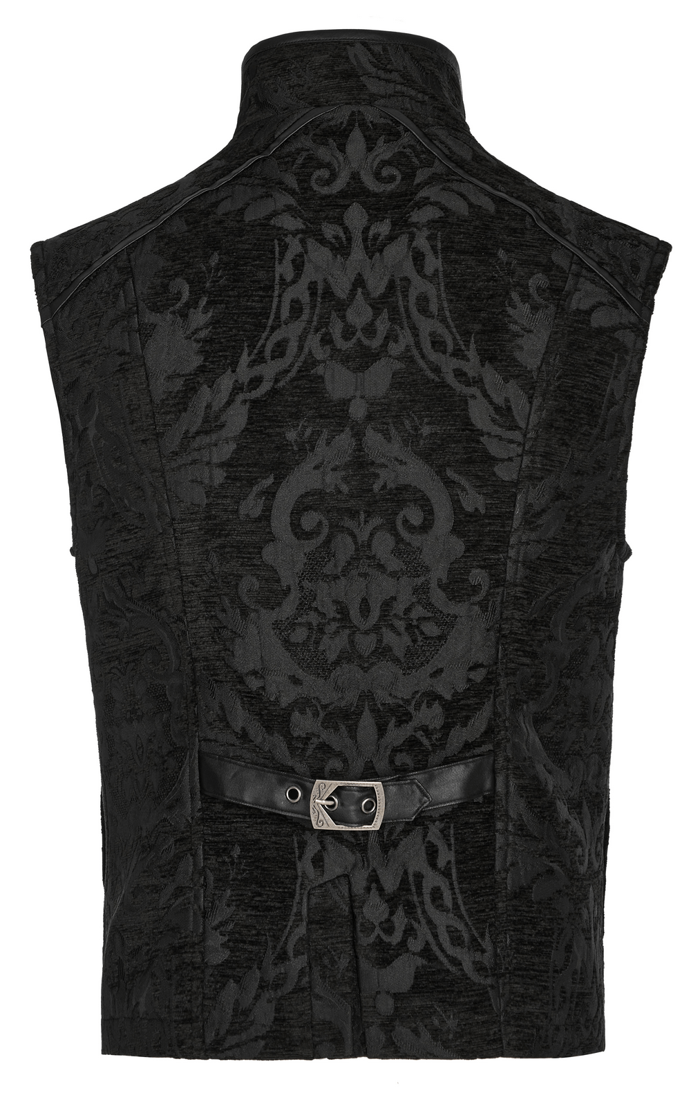 Back view of a Baroque Gothic waistcoat with faux leather detailing and ornate jacquard fabric.