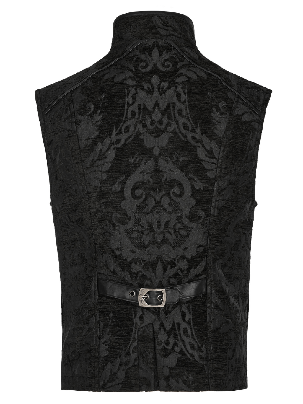 Back view of a Baroque Gothic waistcoat with faux leather detailing and ornate jacquard fabric.