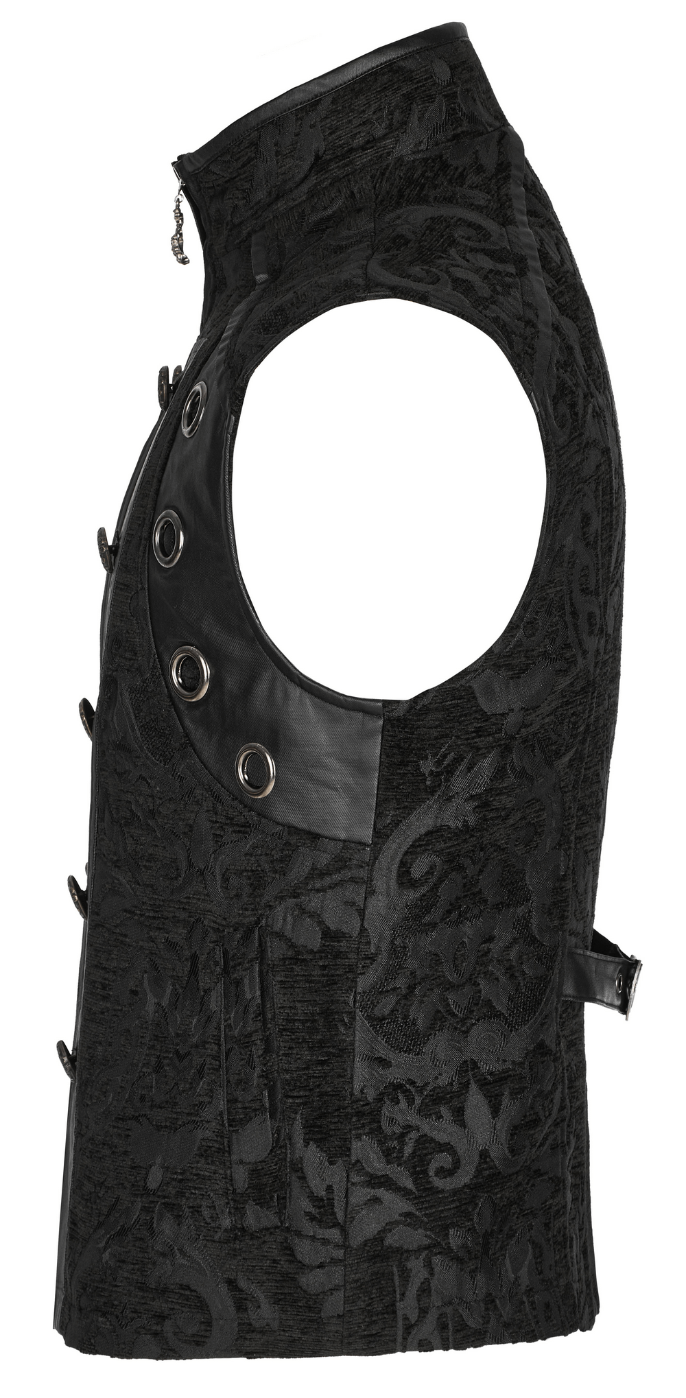 Baroque Gothic waistcoat in black jacquard with faux leather details and snap-button closure.