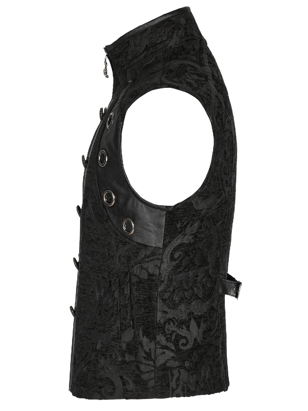 Baroque Gothic waistcoat in black jacquard with faux leather details and snap-button closure.