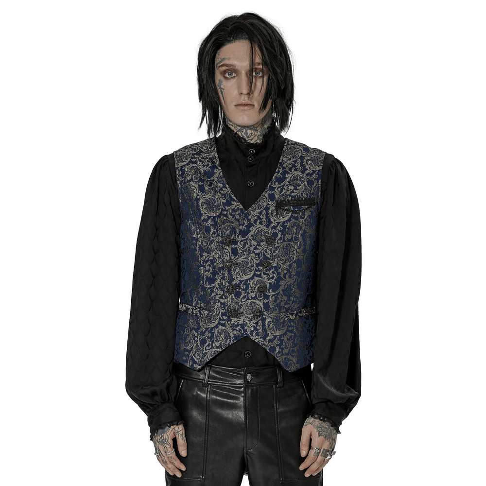 Stylish model wearing a Baroque-Inspired Navy Jacquard Tailored Vest, showcasing intricate patterns and gothic elegance.