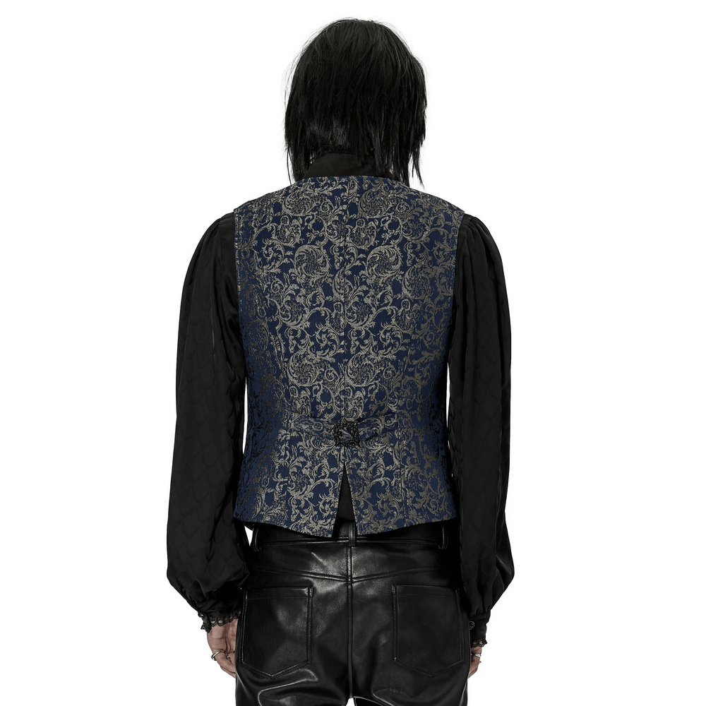 Back view of an elegant navy jacquard tailored vest featuring intricate baroque patterns.