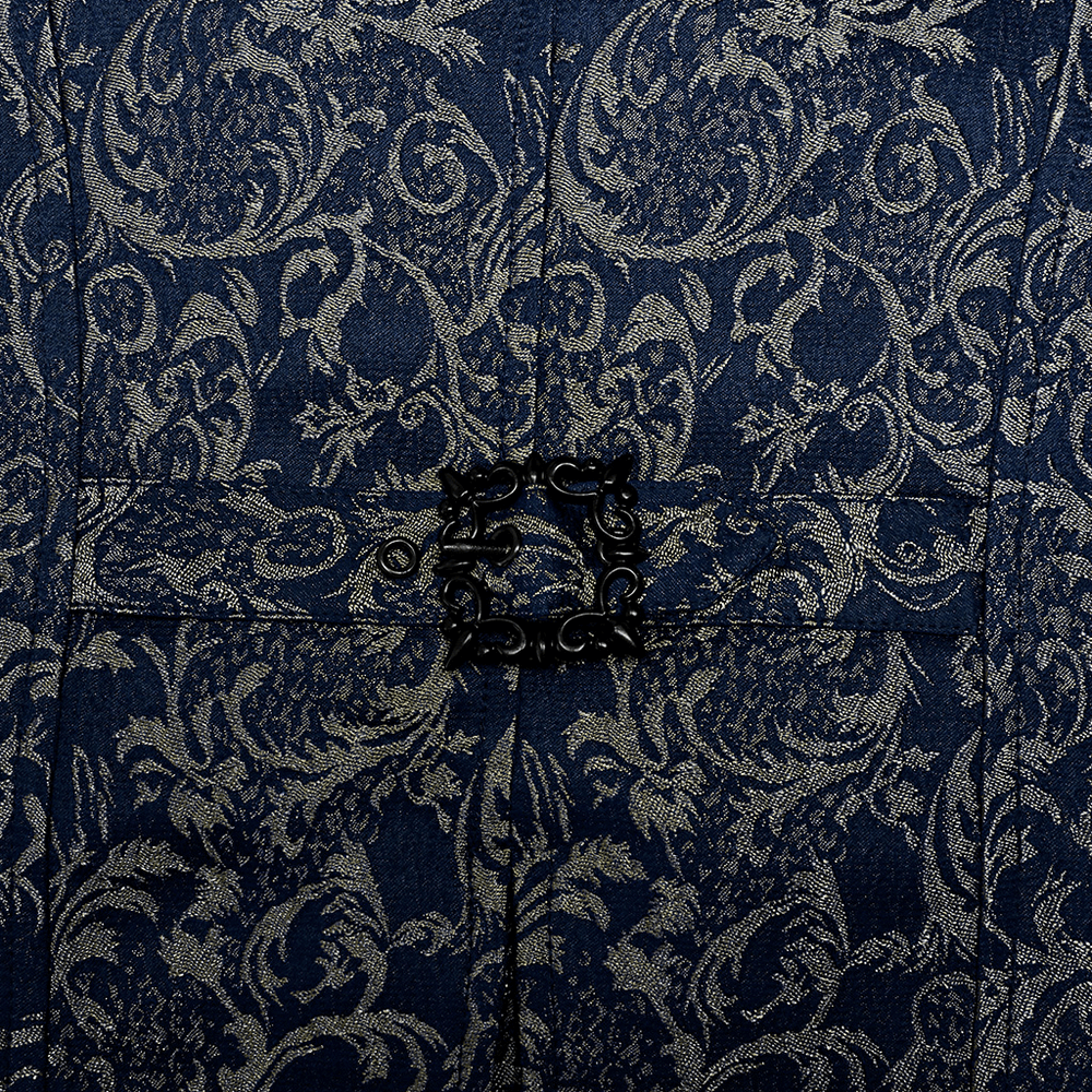 Elegant navy jacquard vest featuring intricate baroque patterns and a meticulously hand-sewn button detail.
