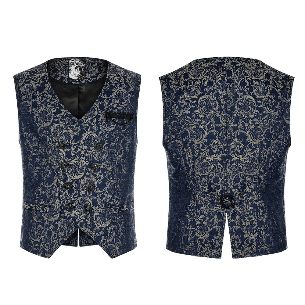 Baroque-inspired navy jacquard tailored vest with exquisite 3D patterns and meticulous hand-sewn buttons.