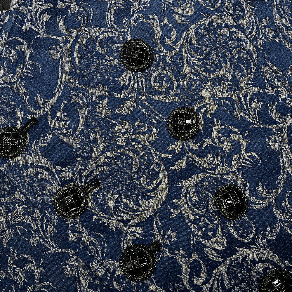 Intricate navy jacquard fabric with baroque patterns and hand-sewn black buttons, perfect for a gothic vest.