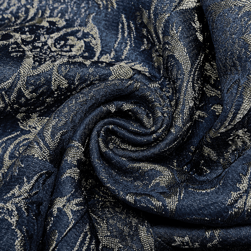 Close-up of navy jacquard fabric with intricate baroque pattern, showcasing luxurious texture and detail.