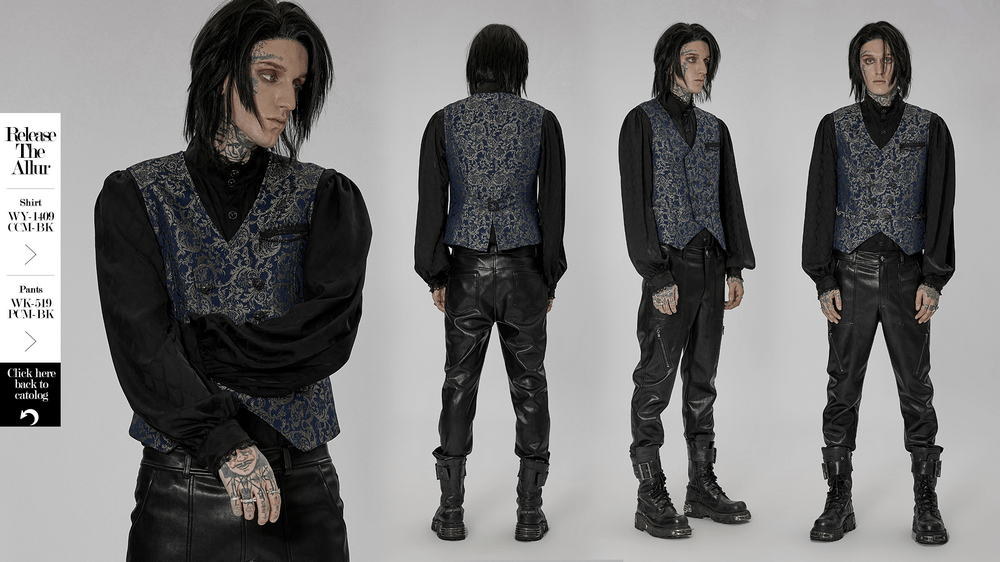 Gothic man wearing a navy baroque jacquard tailored vest, styled with black shirt and leather pants.
